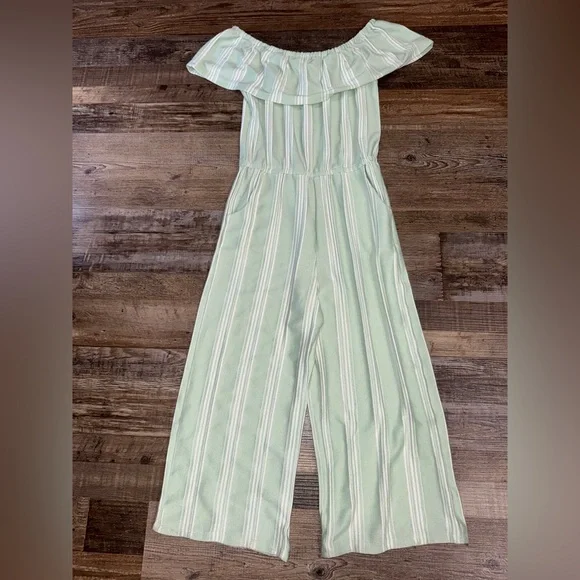 Girls Size 10 Mint Green Stripe Off Shoulder Ruffle Jumpsuit Wide Leg Romper - Picture 2 of 5